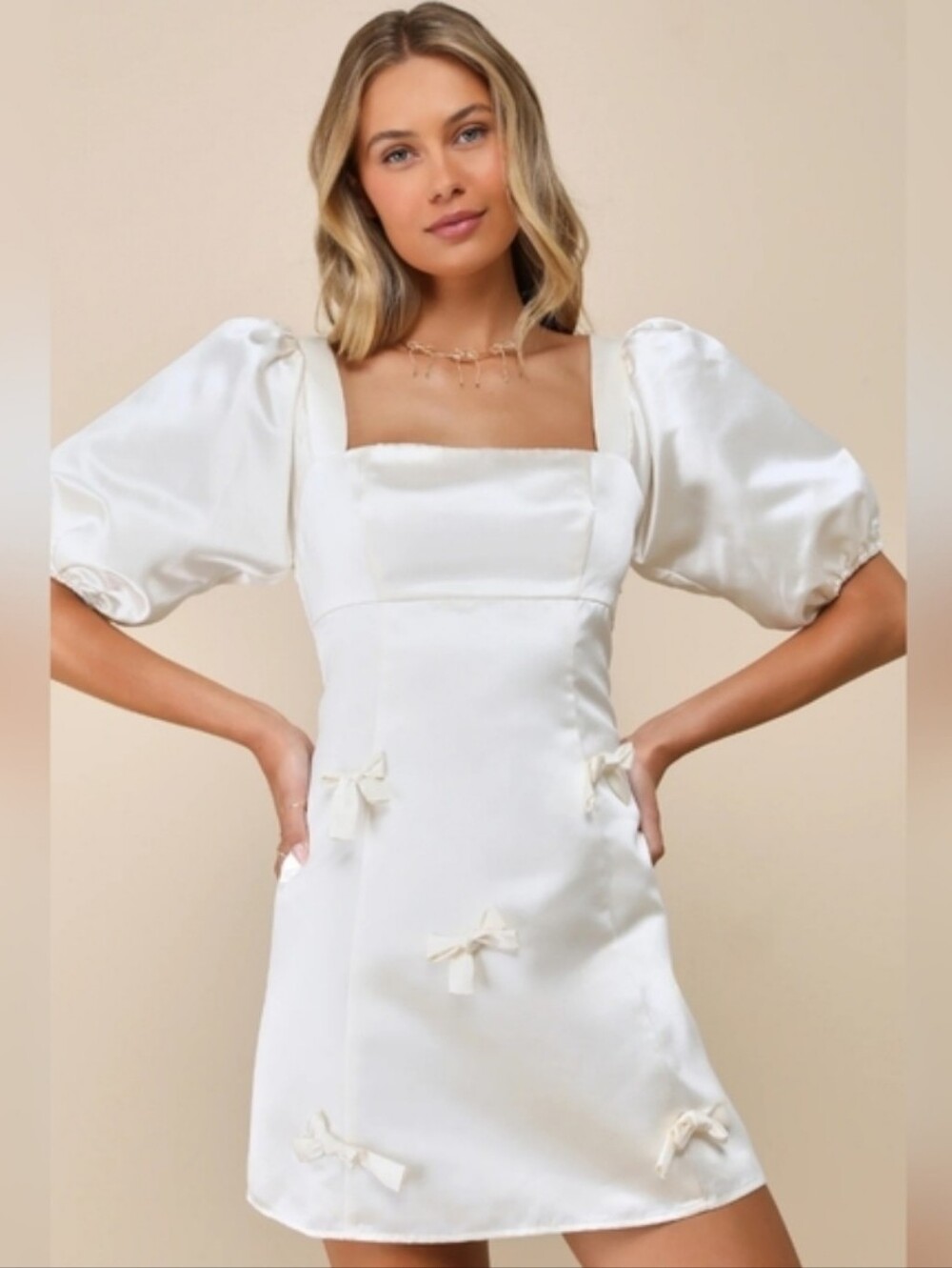 NWT Lulus Lovely Simplicity Champagne Satin Puff Sleeve Bow Mini Dress Large